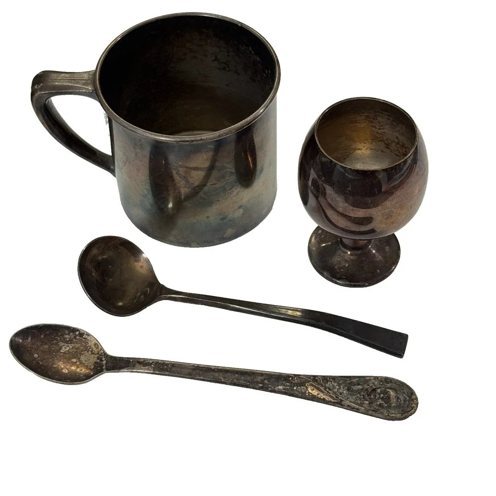 Vintage Silverplate Lot Goblet Mug Spoons Mixed Silver Plated Barware‎ Set VTG